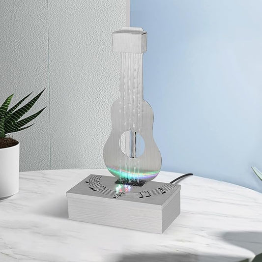 Indoor Tabletop Fountain with 3-Color LED Lights, 304 Stainless Steel Guitar-Shaped Desktop Meditation Waterfall for Home & Office Décor, Relaxing Water Feature Air-Purifying Gift