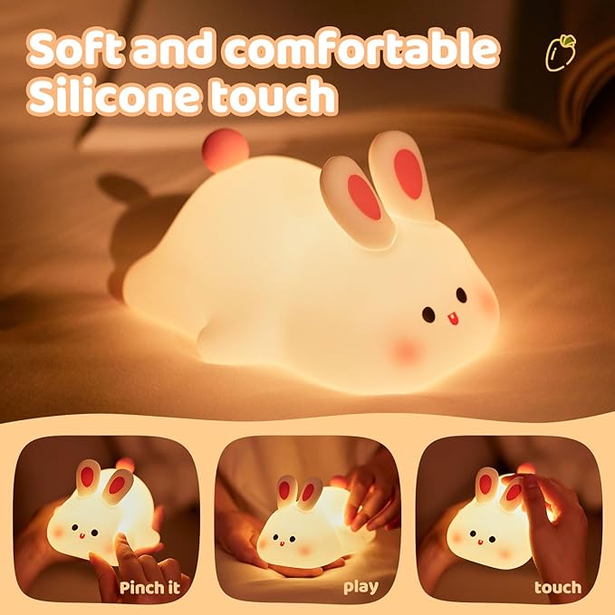 Big Face Rabbit Silicone Night Light for People - Squishy Bunny LED Lamp with Soft Touch, USB Rechargeable & Touch Control - Cute Decorative Bunny Light for Room. - Bloomnest