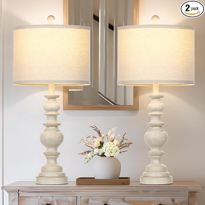 27.5" Farmhouse Table Lamps Set of 2, Rustic Living Room Lamps with USB C+A Ports & AC Outlet, Vintage Bedside Lamps with Linen Shade, Tradition Bedroom Lamps for Nightstand Side End Table Desk, Beige - Bloomnest