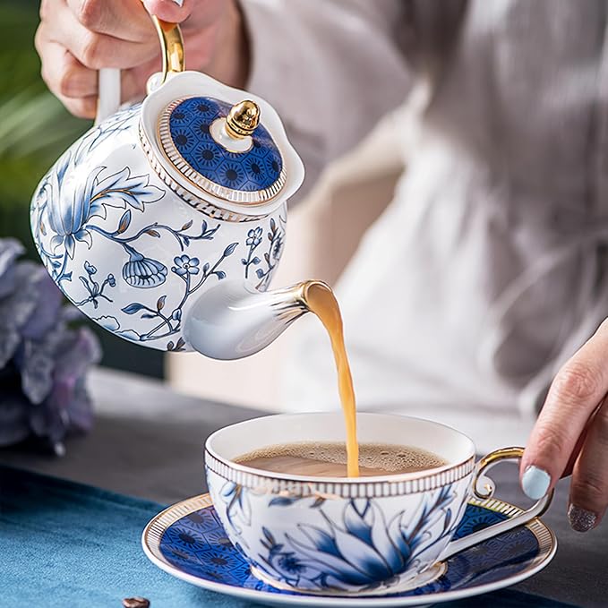 ACMLIFE Tea for One Teapot and Cup Set, Vintage Floral Porcelain Tea Set for One, Bone China Teapot Set, Tea Pot Set Gift for Women (Blue) - Bloomnest