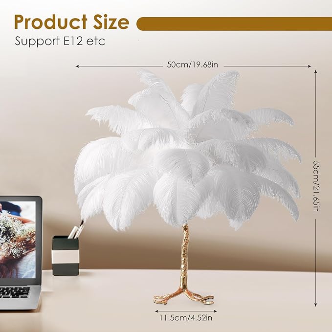 MAYOLA Modern Ostrich Feather Table Lamp with Plug in Wire,3-Light Bedside Floor Lamp for Living Room, Bedroom and Office 24” Tall Feather Desk Lamp (White, Table Lamp-Resin) - Bloomnest