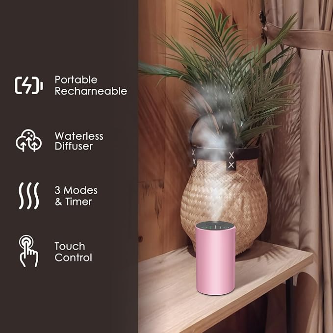 Waterless Essential Oil Diffuser, 7 Colors LED Light, Battery Powered Mini Scent Air Machine, Aromatherapy Mist Diffuser for Home Room Car Office (Pink) - Bloomnest
