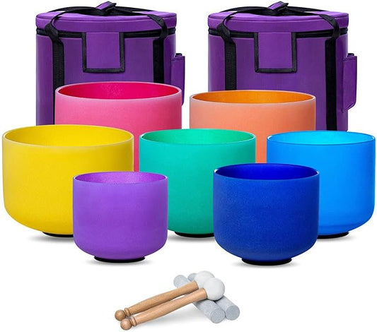 6-12inch Color 432hz Quartz Crystal Singing Bowls Set of 7, for Healing Mindfulness Meditation Yoga Sound Baths with Case Mallet Suede Striker - Bloomnest