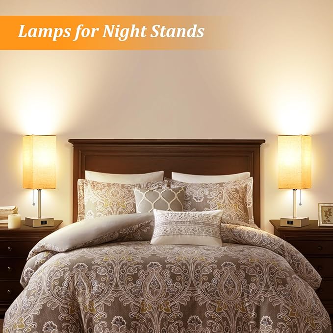 Table Lamp for Bedroom set of 2,3-Color Bedside Lamps with Pull Chain Table Lamps for Nightstand with AC Outlets,Small Night Light Lamps with 2 Bulbs Lamps for Living Room Kids Room Office Decor（Gold） - Bloomnest