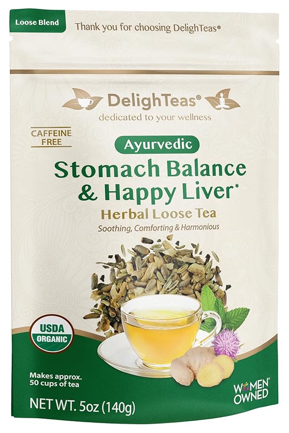 DelighTeas Stomach & Liver Tea | Ayurvedic Herbal Blend for Digestion | Organic Milk Thistle, Fennel, Ginger, Peppermint & Licorice | Vegan, Caffeine-Free, Sugar-Free | Loose Leaf, 50 Servings, 5oz - Bloomnest