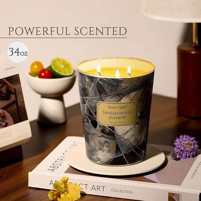 HomeLights Soy Wax Candles for Home Scented, 3-Wick Candles in Sandalwood Jasmine Scented, Industrial Chic Aromatherapy Candles Gift for Parties, Relaxing, 34oz - Bloomnest