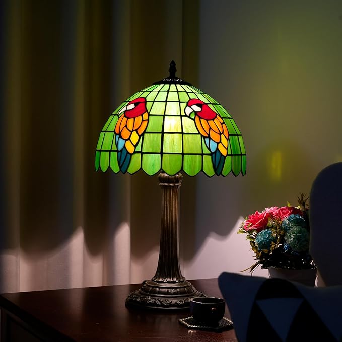 Tiffany Lamp Parrot Green Bedroom Table Lamp Stained Glass Reading Bedside Light for Home Living Room Office Dormitory Dining Room Decorate 12X12X18 inch Desk Light Include LED Bulb - Bloomnest