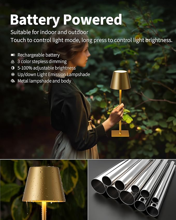 KDG 2 Pack Cordless Table Lamp, Portable LED Desk Lamps, 5000mAh Battery Operated, 3 Color Stepless Dimming Up, for Restaurant, Bedroom, Outdoor Camping, Coffee Shop, Night Light, Rechargeable (Gold) - Bloomnest