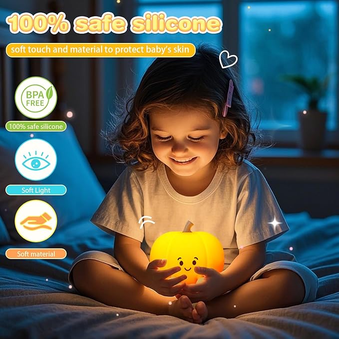 Night Light for Kids, Rechargeable Dimmable Silicone LED Nightlight, Baby Nursery Night Lamp, Touch Squishy Lamp, Halloween Gifts for Girls, Boys, Toddler Room Decor, Pumpkin - Bloomnest