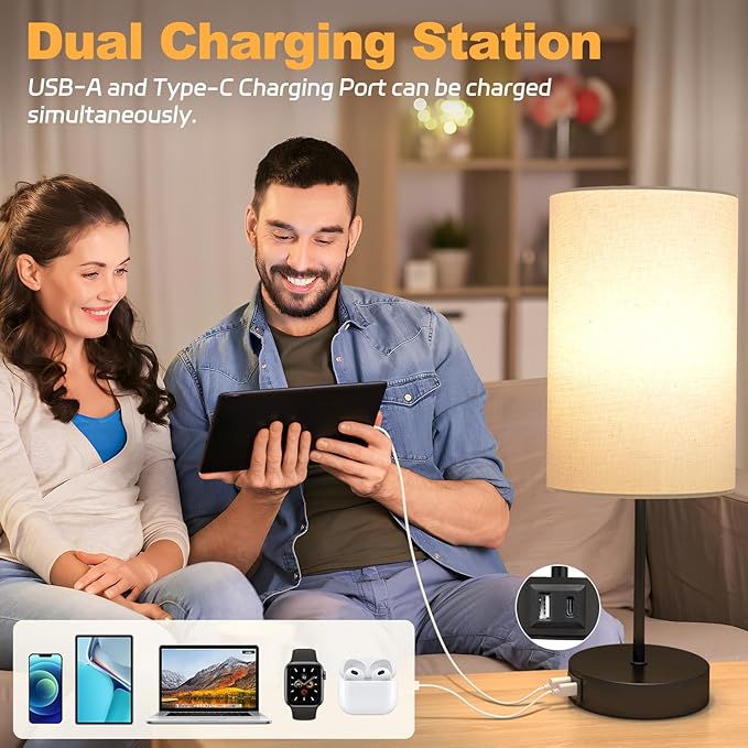 AKASUKI 18Inch Table Lamp with Dual Charging Station, 3 Way Dimmable Touch Lamp for Bedroom, Living Room, Office(LED Bulb Included) - Bloomnest