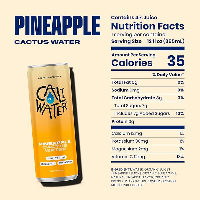 Caliwater - Organic Cactus Water - Pineapple - 5g Sugar, 35 Calories - Coconut Water Alternative - Natural Plant Based Hydration - Skin Care, Electrolyte Drinks - Flavored Water Beverages - 12 Cans - Bloomnest