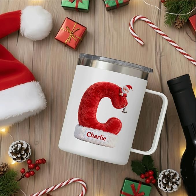 Personalized Santa Hat Mug | Custom Initial Insulated Christmas Coffee Cup with Handle & Lid | 12oz Holiday Tumbler, Cute Stocking Stuffer Gift for Kids & Family (B13) - Bloomnest