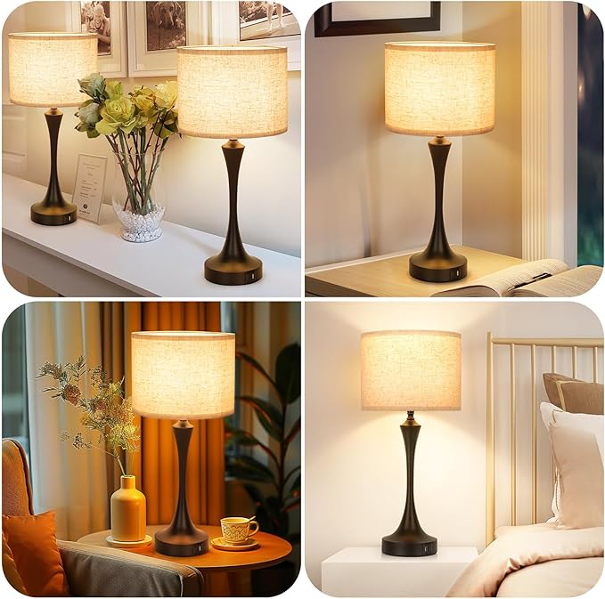 GGOYING 22” Set of 2 Touch Control Table Lamp with USB A+C Ports, 3-Level Dimmable Bedside Lamp with Fabric Lampshade, 3000K LED Bulbs, Nightstand Lamp for Bedroom Livingroom Office, Black - Bloomnest