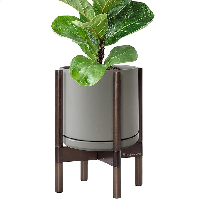 D'vine Dev Ceramic Planter with Walnut Color Stand - 10 Inch Modern Round Flower Pot with Wood Planter Holder, Grey, 55-B-X-3 - Bloomnest