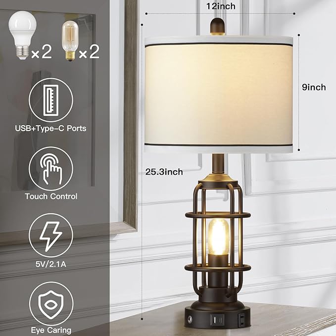 Modern Table Lamps, Industrial 3-Way Dimmable Bedside Lamp with USB A+C Ports & AC Outlet, Touch Control Rustic Nightstand Lamp LED Night Light for Living Room Bedroom Decor Home(4 Bulbs Included) - Bloomnest