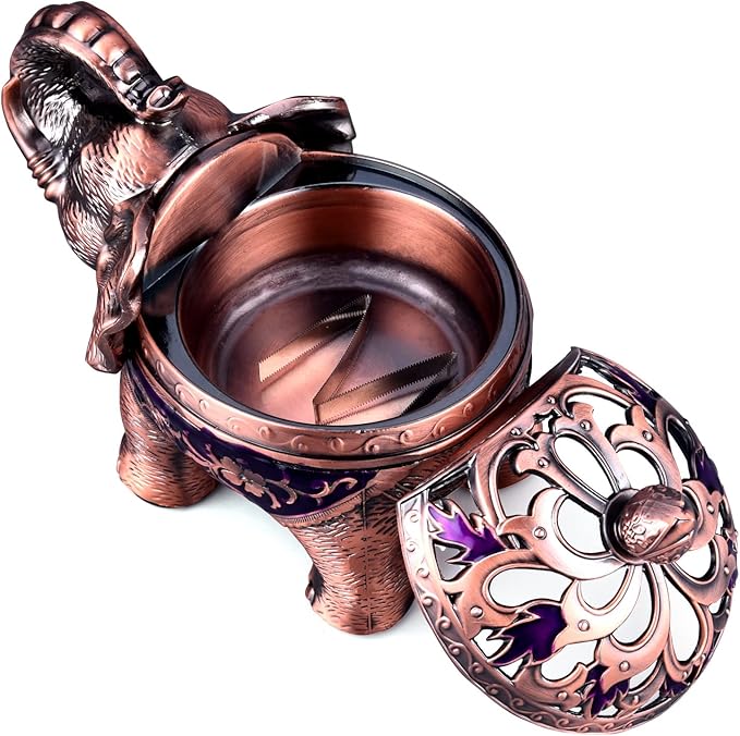K COOL Metal Backflow Incense Holder Elephant Cone Incense Burner Candle Holder with Lid, Aromatherapy Ornament Home Office Decoration for Indoor Outdoor (Purple) - Bloomnest