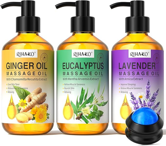 3 Pack Massage Oil for Massage Therapy,Ginger for Lymphatic Drainage, Lavender for Relaxation, Eucalyptus Mint for Muscle Relief | Massage Therapy & Date Night Spa Gift with Massage Ball for Him & Her - Bloomnest