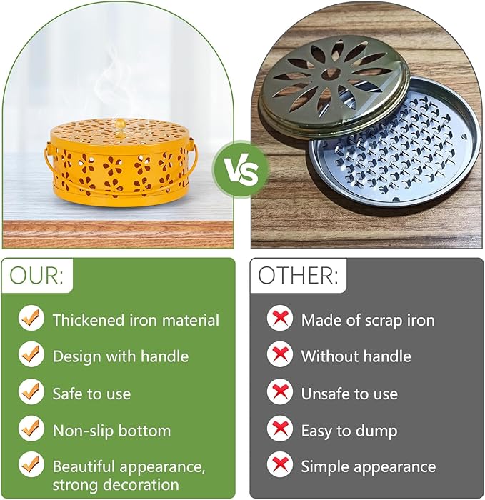 Portable Iron Mosquito Coil Holder with Handle Round Heat-Resistant Incense Holder (2 Pack Yellow) - Bloomnest