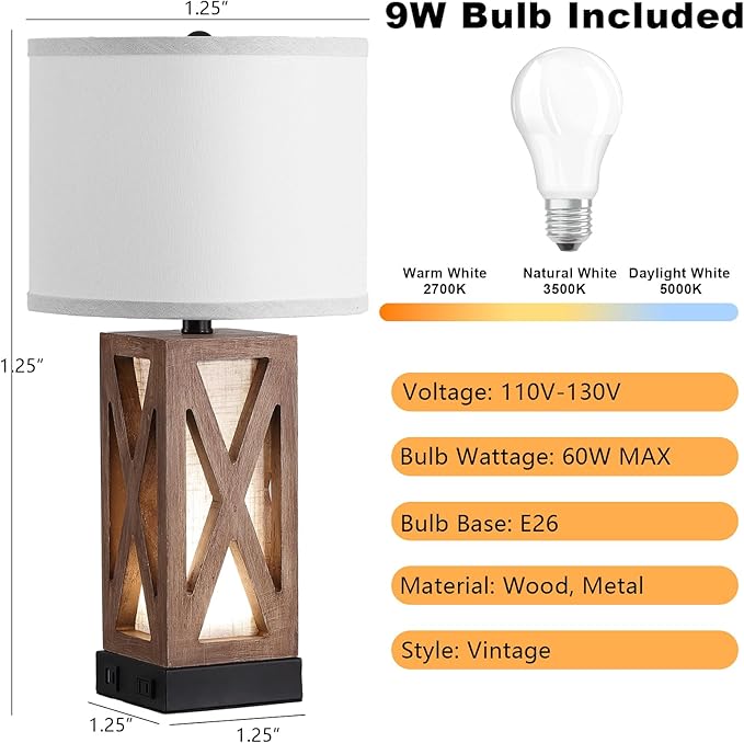 Wood Table Lamp, Vintage Nightstand Lamp with USB Charging Ports A/C, Farmhouse Bedside Lamps for Living Room - Bloomnest