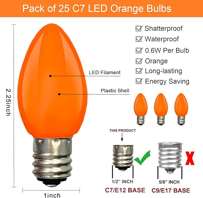 SUNSGNE C7 LED Christmas Orange Light Bulbs, 25 Pack Orange Replacemet Light Bulbs for Christmas Halloween Decor, E12 Candelabra Base, 0.6 Watt - Bloomnest