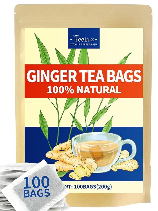 TeeLux Ginger Tea Bags, Natural Ginger Root Tea, Spicy & Zesty & Warm Flavor, Caffeine Free, 100 Count - Bloomnest