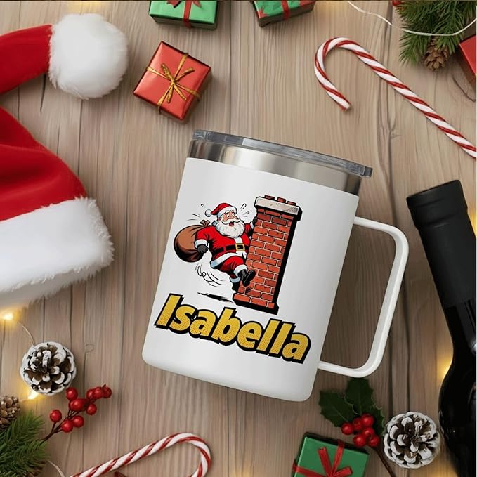 JugJug Personalized Christmas Mug with Initial & Name - Funny Santa Climbing Chimney 12oz Insulated Coffee Cup with Lid - Xmas Gifts for Kids, Boys (B157) - Bloomnest
