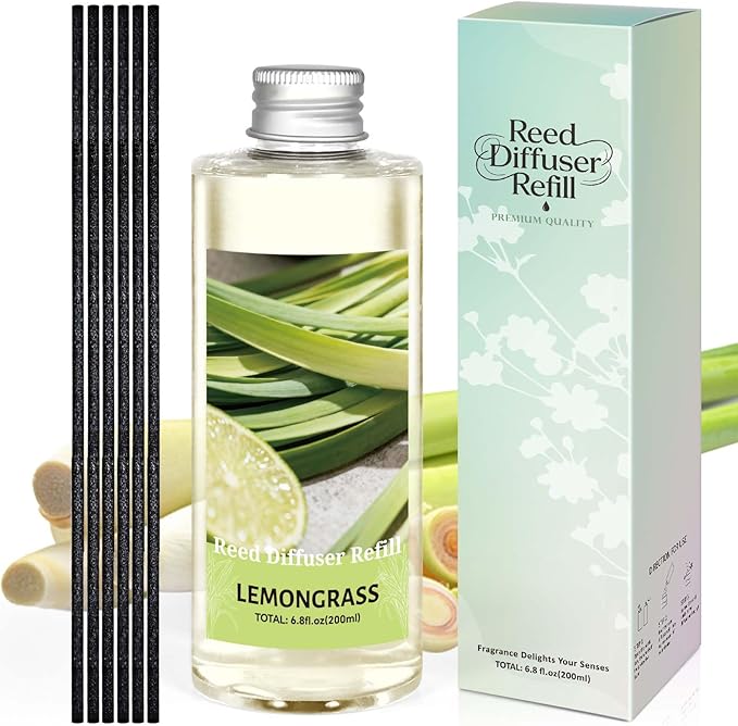 STRN Reed Diffuser Essential Oil Refill, Lemongrass Scent 200ml with Sticks, Long-Lasting Aromatherapy, Natural Fragrance Liquid with Eco-Friendly Bottle for Home, Bedroom, Spa - Bloomnest