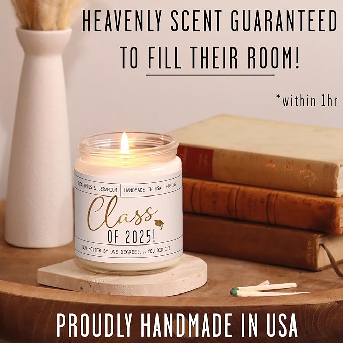 Graduation Gifts for Her "Class of 2025" Soy Candle, w/Eucalypus & Geranium I College Graduation Gifts for Her I 2025 Graduation Gifts I 9oz Reusable Jar, 50Hr Burn, Made in USA - Bloomnest
