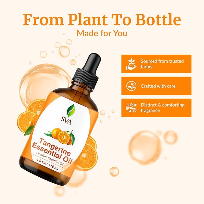 SVA Tangerine Essential Oil – 4 Fl Oz – 100% Natural Tangerine Oil - for Diffuser, Hair Care, Face, Skin Care, Aromatherapy, Scalp and Body Massage, Soap and Candle Making – with Dropper - Bloomnest