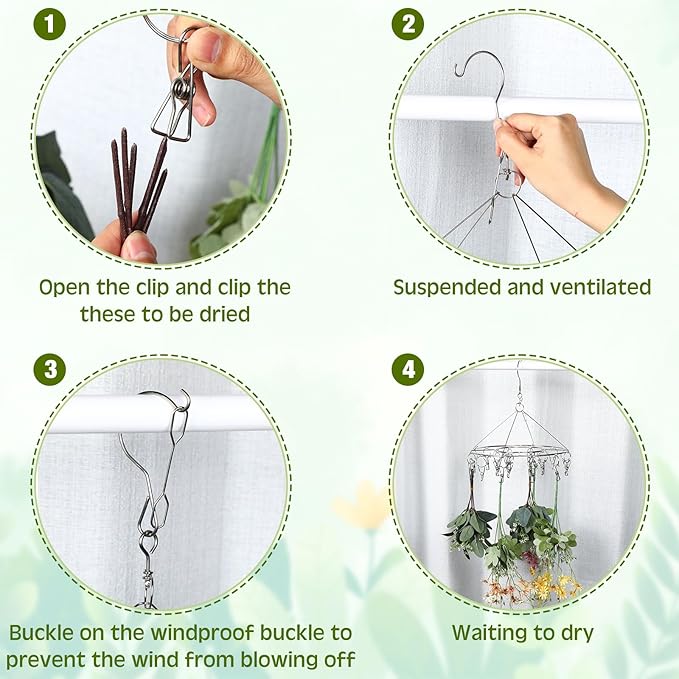 Bokon 4 Pcs Hanging Drying Rack for Herb Macrame Flower with Stainless Clip Dryer Hook for Drying Herb Air Plants Spices Flower Hydroponic Plant Ready to Use with Ceiling Hook(Round) - Bloomnest