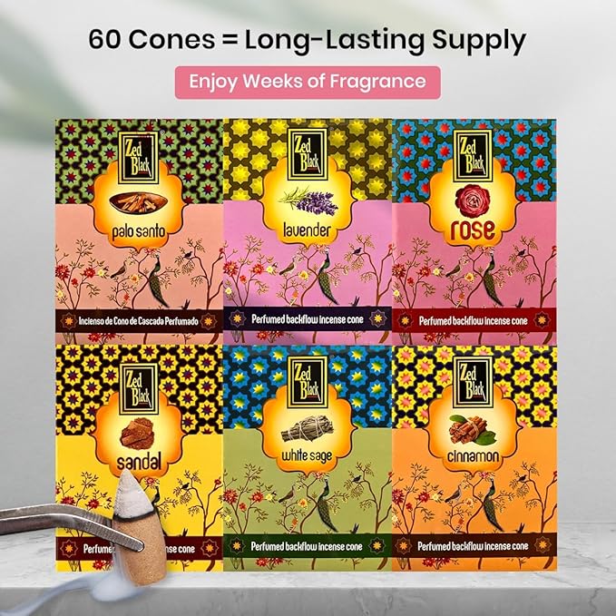 Backflow Incense Cones for Waterfall | 60 Cones 6 Scents | Palo Santo Sandalwood Lavender White Sage Rose Cinnamon | Natural Variety Pack for Aromatherapy, Meditation & Yoga Bloomnest