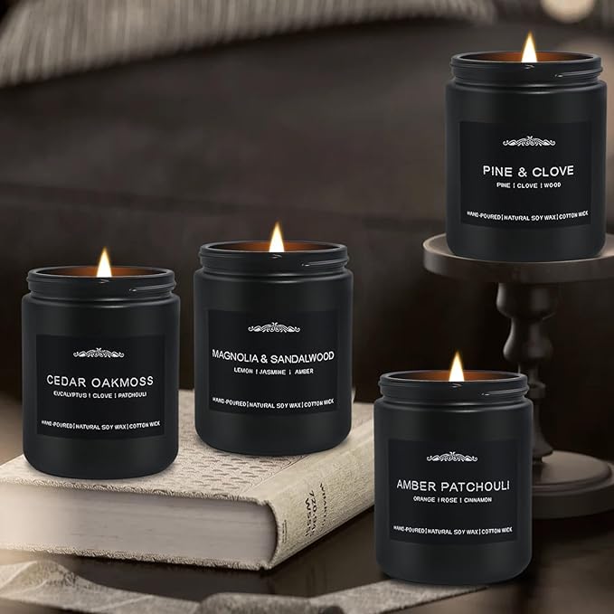 Candles for Men, 4 Pack Scented Candles for Home,28oz Soy Candles 300 Hour Long Lasting Scented of Moroccan Amber/Lemon Lavender/Sandalwood Rose/Caramel Vanilla, Gifts for Men, Boyfriend, Him, Father - Bloomnest