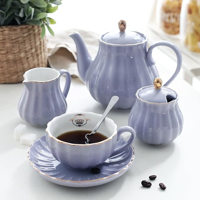 Porcelain Tea Sets British Royal Series, 8 OZ Cups& Saucer Service for 6, with Teapot Sugar Bowl Cream Pitcher Teaspoons and tea strainer for Tea/Coffee, Pukka Home(purple) - Bloomnest