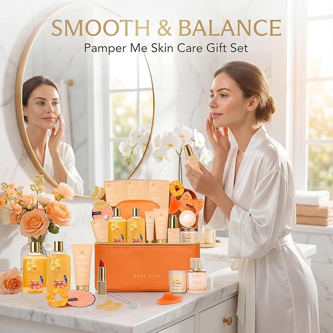 25 Pcs Valentines Day Gifts for Women, Bergamot & Rose Bath & Body Gift Set, Hydrating Skin Care Kit, Pamper Self Care Gifts, Leather Bag, Serum, Necklace, Christmas, Birthday, Mothers Day - Bloomnest
