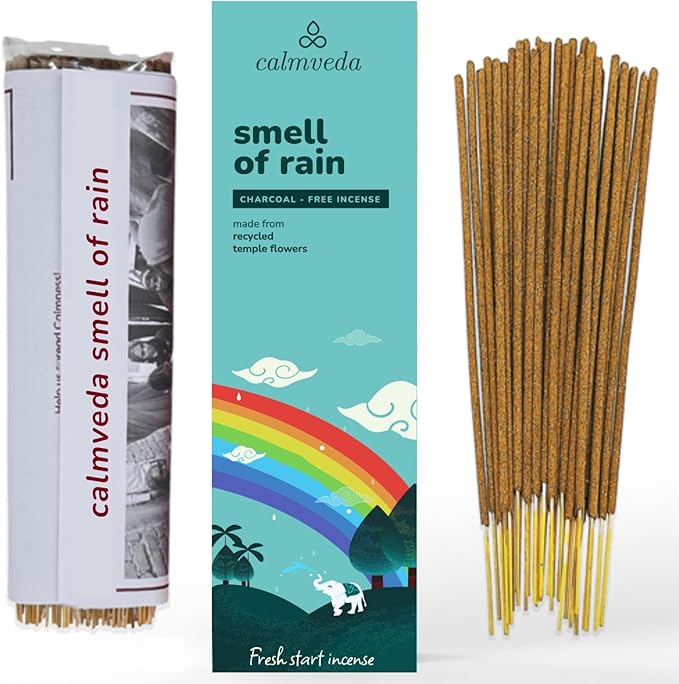 Fresh Rain Incense Sticks - (80 Scent Sticks) Charcoal Free, Made from Upcycled Flowers | Like Petrichor Aroma of Rain Soaked Earth | Relaxing Scents for Meditation Incense CalmvedaIncenseAromatherapy