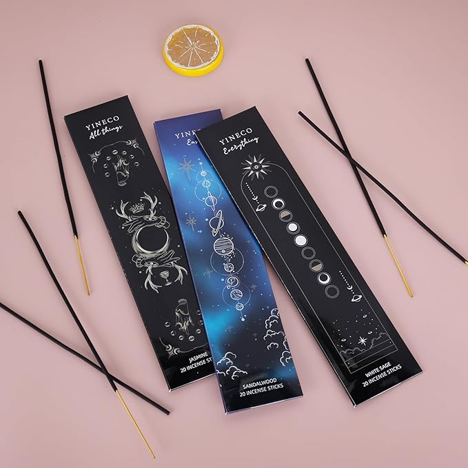 Incense Sticks Set of 60 - Organic Sandalwood, White Sage & Jasmine for Relaxation, Meditation & Aromatherapy, Long-Lasting Sensory Sticks (Black) YINECO