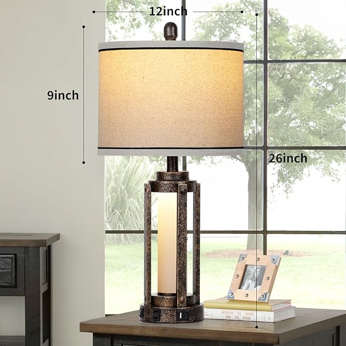 Farmhouse Lamps with USB A+C Charging Ports & AC Outlet, Rustic Vintage Industrial Table Lamps Metal Lamp with Glass LED Night Light & Beige Fabric Shade for Living Room Bedrooms Nightstand Bronze - Bloomnest