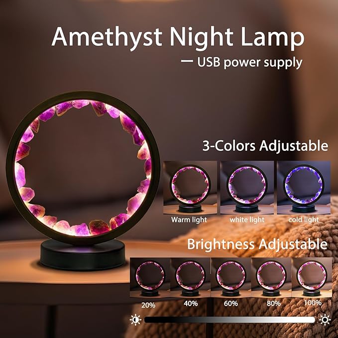 Runyangshi Amethyst Night Lamp 8.6" Natural Healing Crystal Bedside Lamp USB Port 3 Colours Dimming Mode Bedroom Lamp Suitable Night Light for Living Room Bedroom Office Home Decor Ideal Gift - Bloomnest