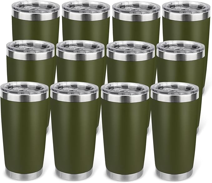 20oz Stainless Steel Tumbler Bulk with Lid, Travel Mug - Double Wall Vacuum Powder Coated Cup - Army Green, 12 Pack - Bloomnest
