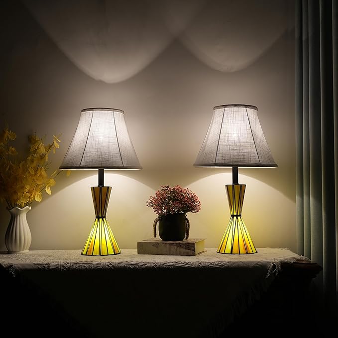 Glass Table Lamps Set of 2, Modern Bedside Lamps with Night Light for Bedroom 3-Way Dimmable Nightstand Lamp with White Linen Shade for Bedroom Living Room Decor - Bloomnest