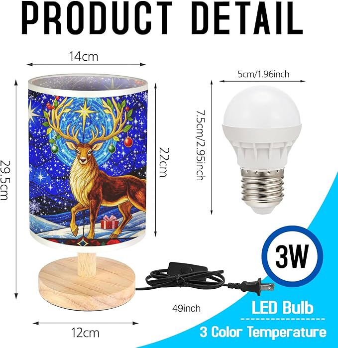Reindeer Table Lamp LED 3-Color Pressed Bedside for Merry Christmas, Reindeer Shade Christmas Table Lamp with Wood Base for Bedroom Living Room Desk Office - Bloomnest