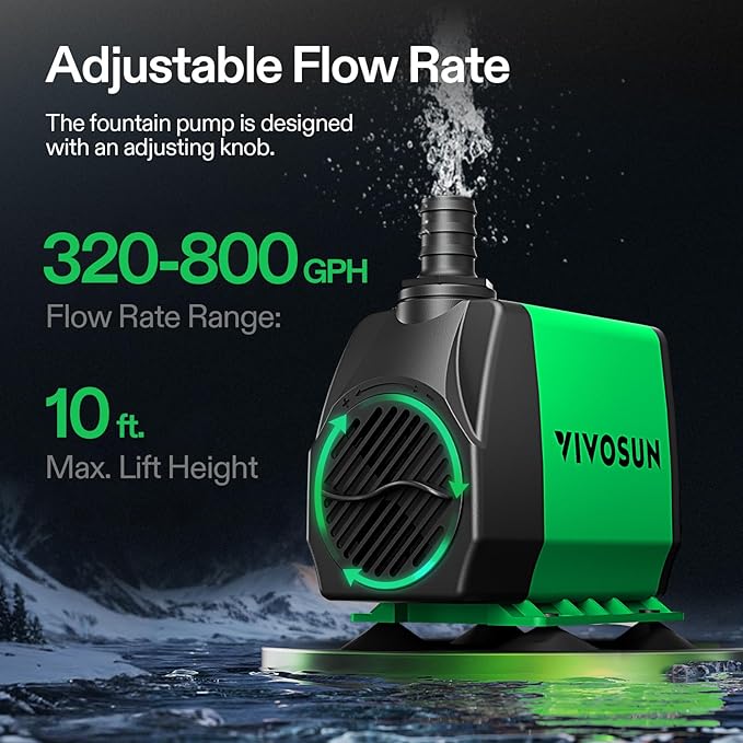 VIVOSUN 800GPH Submersible Pump(3000L/H, 24W), Ultra Quiet Water Fountain Pump with 10ft. High Lift with 6.5ft. Power Cord, 3 Nozzles for Fish Tank, Pond, Aquarium, Statuary, Hydroponics Green - Bloomnest