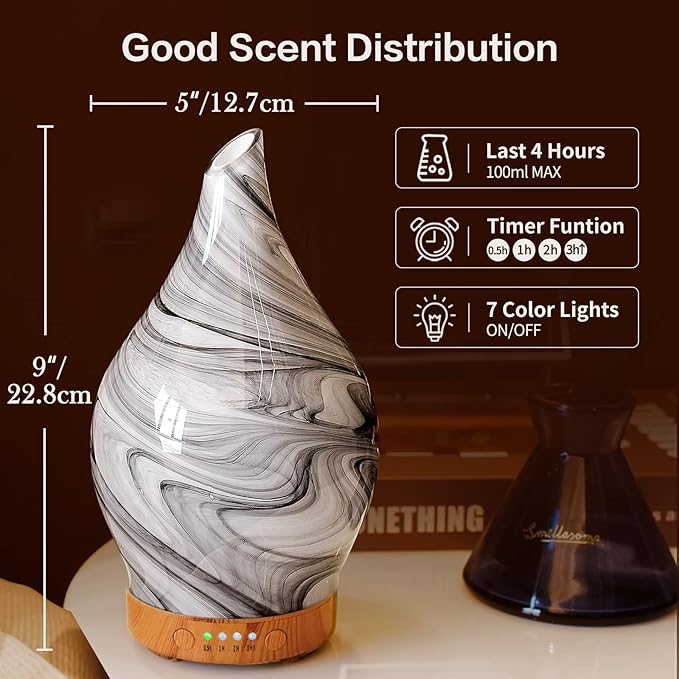 Porseme 100ml Essential Oil Diffuser Glass Color Changing Aroma Air Diffusers Aromatherapy Ultrasonic Cool Mist Humidifier 4 Running Hours Waterless Auto-Off for Sleeping, Yoga, Office, Spa (Ink) Porseme