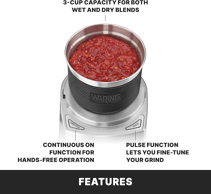 Waring Commercial WSG60 3 Cup Spice Grinder, 1 HP Motor, 20,000 RPM's, Pulse Actuation, Includes 2 stainless steel grinding-bowls-120V, 175W, 5-15 Phase Plug, 0.9 cu. ft. - Bloomnest