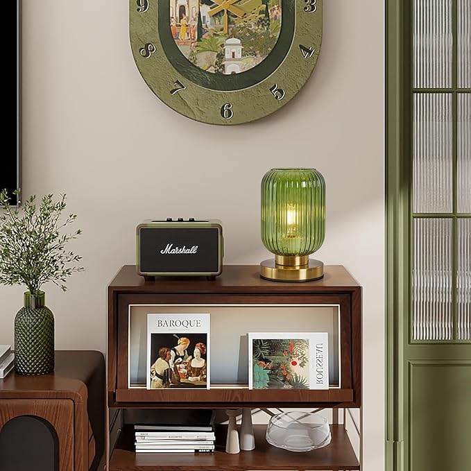 Glass Table Lamps Mid Century Modern Globe, Dimmable Green Table Lamp for Nightstand, Small Gold Table Lamp, Green Pumpkin Design Ribbed Glass Vintage Bedside Lamp for Bedroom Living Room Office - Bloomnest