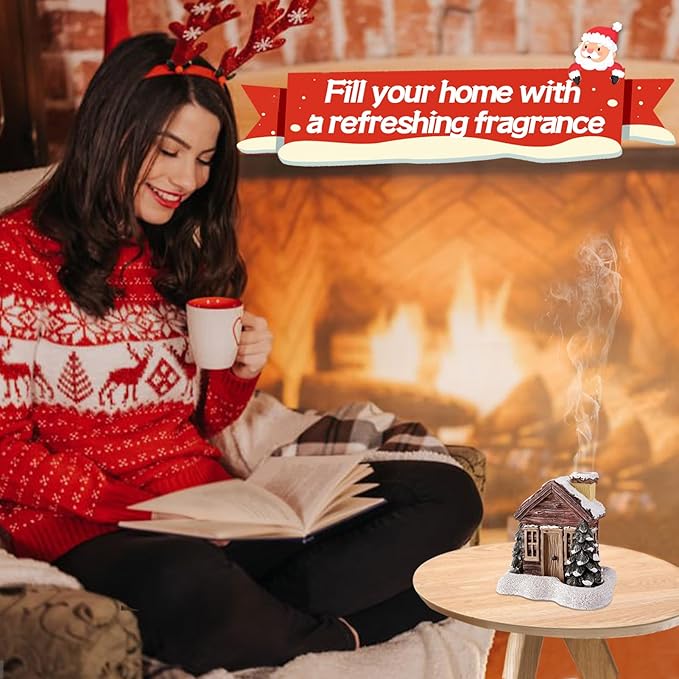 Christmas Log Cabin Incense Burner - Christmas Village Houses with 2 Incense Cones, Resin Incense Cone Holder for Home Room Table Fireplace Decorations, Brown - Bloomnest