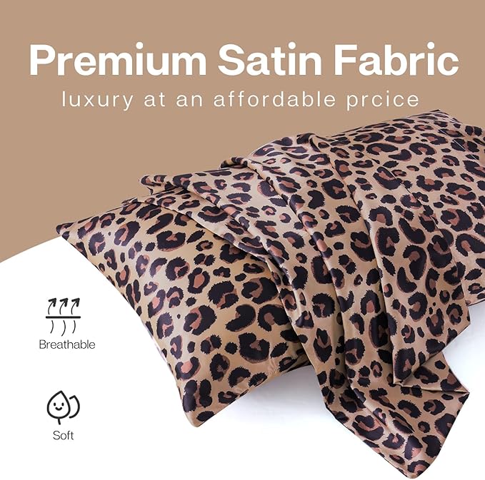 MR&HM Satin Pillowcase for Hair and Skin, Silk Satin Pillowcase 2 Pack, Toddler Size Pillow Cases Set of 2, Silky Pillow Cover with Envelope Closure (13x18, Brown Leopard) - Bloomnest