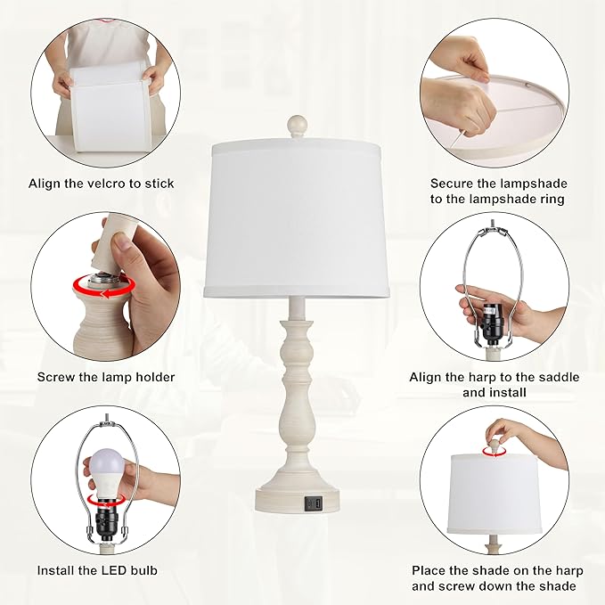 23'' Farmhouse Table Lamps for Living Room Set of 2 with USB C+A Ports, Retro Bedside Lamp for Bedroom, Office, Dining Room, Knob Switch, 3 Color Temperatures, Bulb Included, Beige - Bloomnest