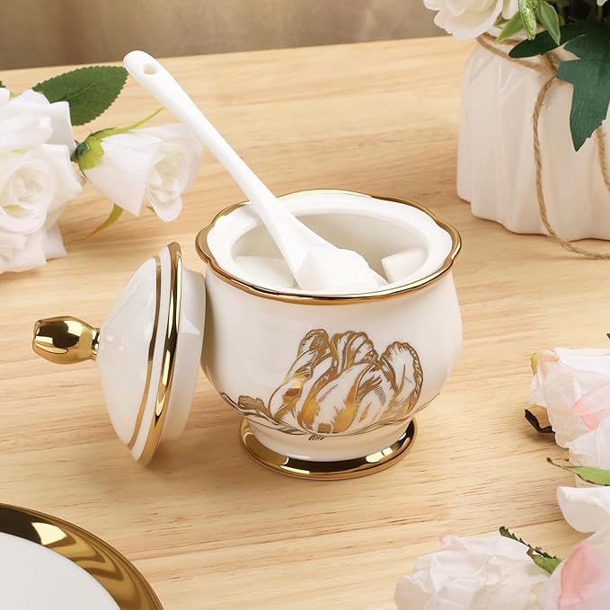 fanquare 21 Pieces British Porcelain Tea Set, Gold Tulip Tea Service for Afternoon Tea Party, 6 Teacup and Saucers for Coffee Home Wedding Birthday - Bloomnest