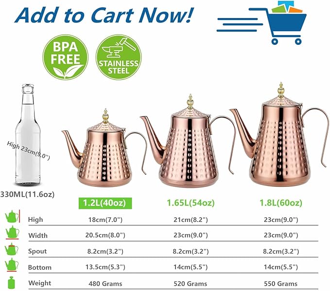 SANQIAHOME 1.2L(40oz) Stainless Steel Hammer Patterned Teapot With Removeable Infuser,Loose leaf cover,Copper - Bloomnest
